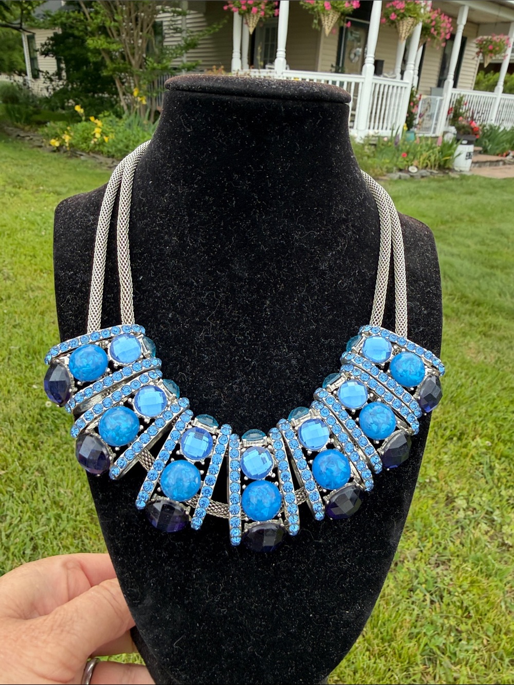 Bold Blue Statement Necklace - Silver Chain
